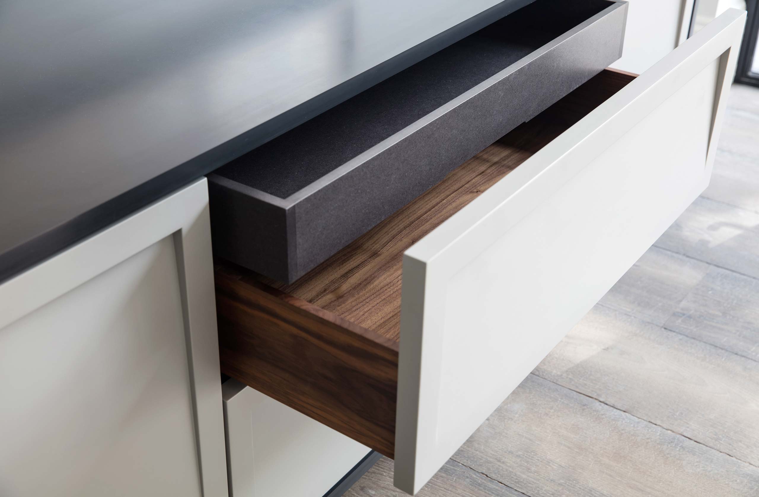 Handmade sideboard with walnut drawer interiors